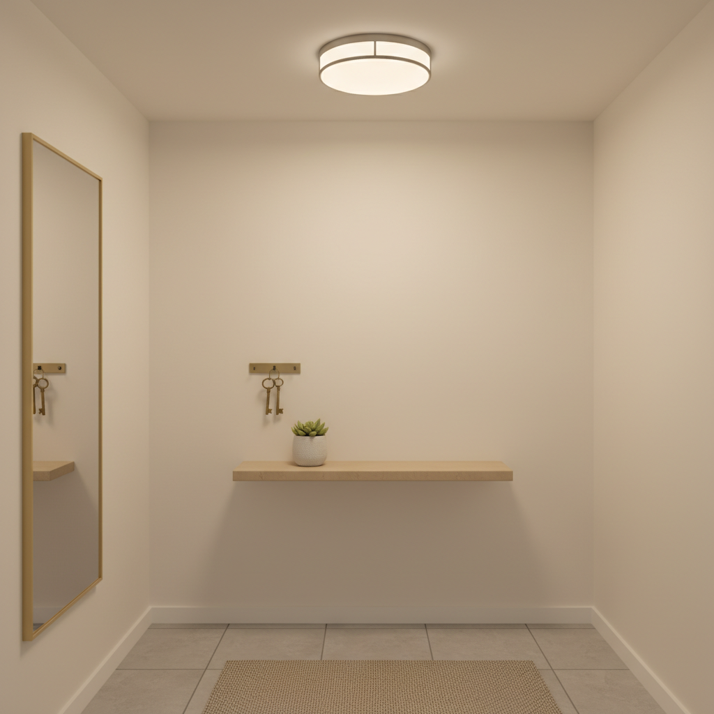 Mały, ale stylowy przedpokój z jasnymi, kremowymi ścianami. Na suficie wisi nowoczesny, szklany plafon emitujący ciepłe, miękkie światło. Na ścianie znajduje się prosta, drewniana półka z kluczami i małą roślinką doniczkową. Oświetlenie sprawia, że przestrzeń wydaje się większa i bardziej przytulna.