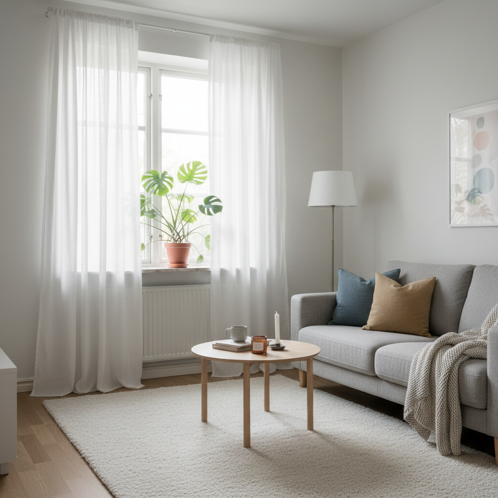 Jasny, przytulny mały salon w stylu skandynawskim, z dużym oknem udekorowanym zwiewnymi, białymi zasłonami, przez które wpada miękkie, poranne światło. Na parapecie stoi zielona roślina doniczkowa. Wnętrze jest minimalistyczne, ale ciepłe.