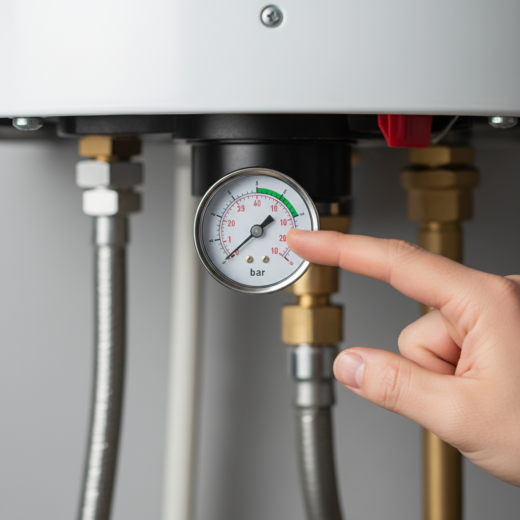 Wyraźne, szczegółowe zdjęcie manometru wbudowanego w nowoczesny kocioł grzewczy. Wskazówka pokazuje prawidłowe ciśnienie w zielonym polu (ok. 1.2 bara). Dłoń delikatnie wskazuje na odczyt, sugerując czynność kontroli. Tło jest lekko rozmyte, skupiając uwagę na wskaźniku.