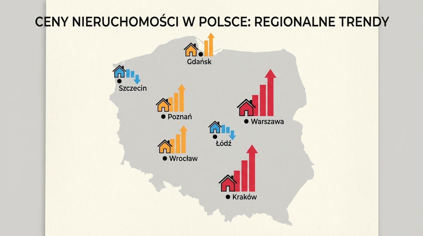 Stylizowana, minimalistyczna grafika przedstawiająca mapę Polski. Na mapie zaznaczone są największe miasta, a przy każdym z nich znajduje się ikona domu z rosnącym lub malejącym wykresem słupkowym, wizualnie reprezentującym różnice w cenach nieruchomości w różnych regionach.