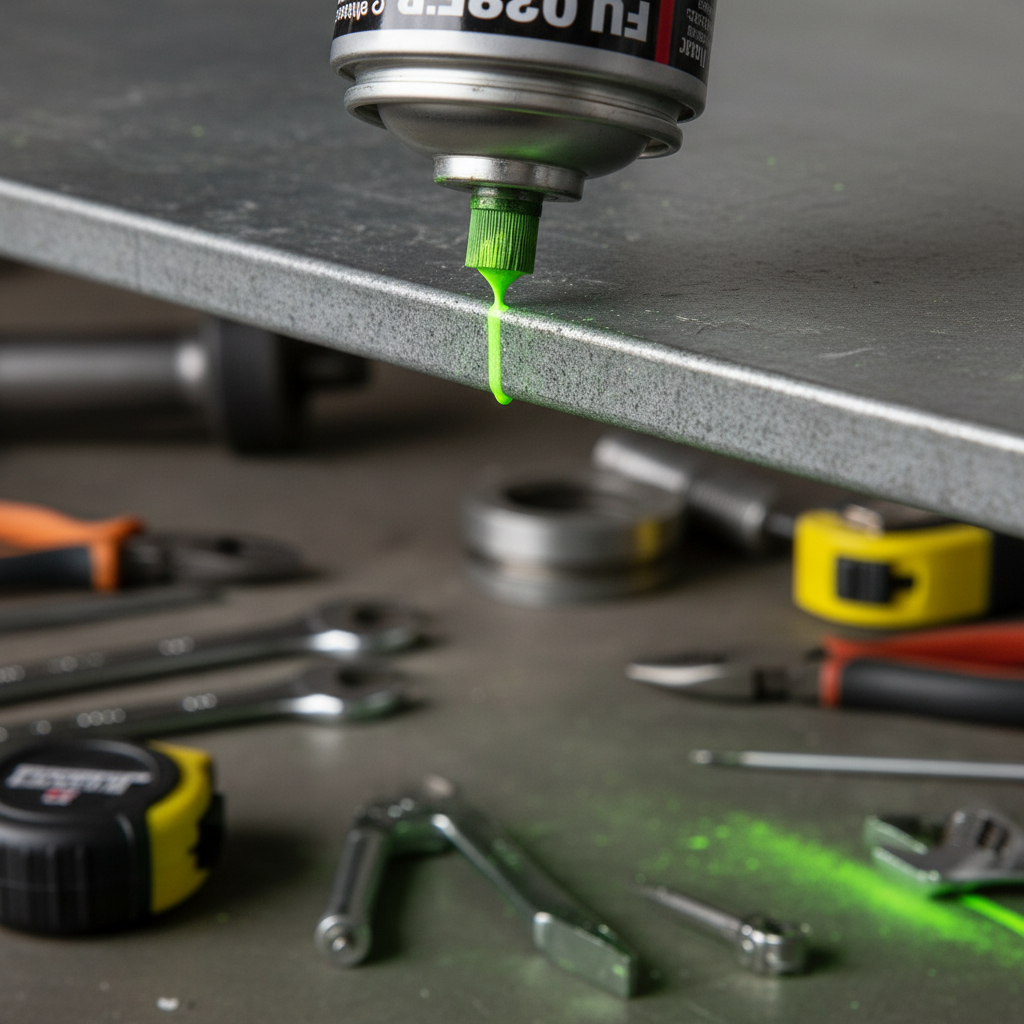 Makro ujęcie na dyszę znacznika Fluo Marker 360°, która jest skierowana do góry i precyzyjnie nanosi cienką, zieloną fluorescencyjną linię na spodnią część metalowej półki w warsztacie. Wokół widać narzędzia, co podkreśla profesjonalne i techniczne zastosowanie produktu.
