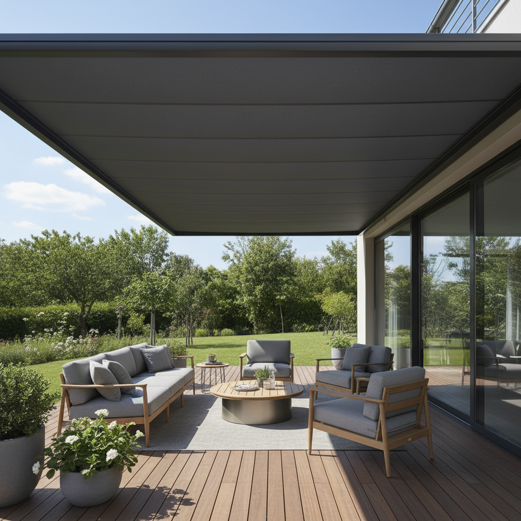 Elegancki, nowoczesny taras z drewnianą podłogą i wygodnymi meblami ogrodowymi. Nad tarasem rozpostarta jest duża, stylowa markiza w kolorze grafitowym, która rzuca głęboki, przyjemny cień na całą przestrzeň i przylegające do niej okna salonu. W tle widać błękitne niebo i bujną zieleň ogrodu.