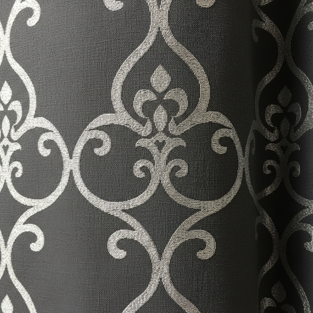 Zbliżenie na fragment tkaniny dekoracyjnej, na przykład zasłony lub poduszki. Tkanina ma matowe, teksturowane tło w kolorze grafitu, na którym widnieje wypukły, błyszczący wzór w kolorze srebra. Delikatne światło pada na materiał, podkreślając kontrast między matową a lśniącą fakturą.