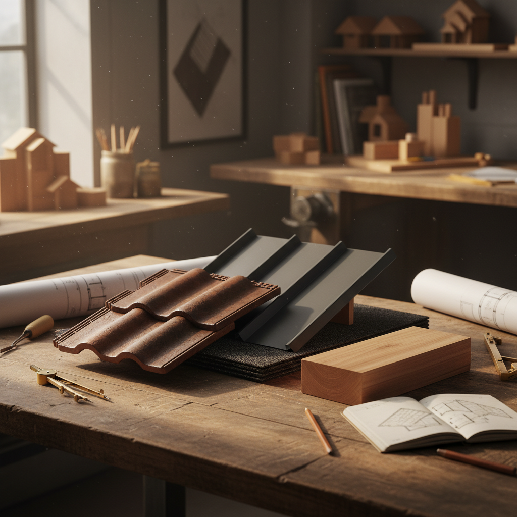 Estetyczna kompozycja próbek różnych materiałów na pokrycie dachowe, ułożonych na drewnianym stole w warsztacie architekta. Widoczne są fragmenty ciemnej dachówki ceramicznej, grafitowej blachy na rąbek, gontu bitumicznego i może kawałek drewna. Delikatne, ciepłe oświetlenie podkreśla teksturę i jakość każdego z materiałów.