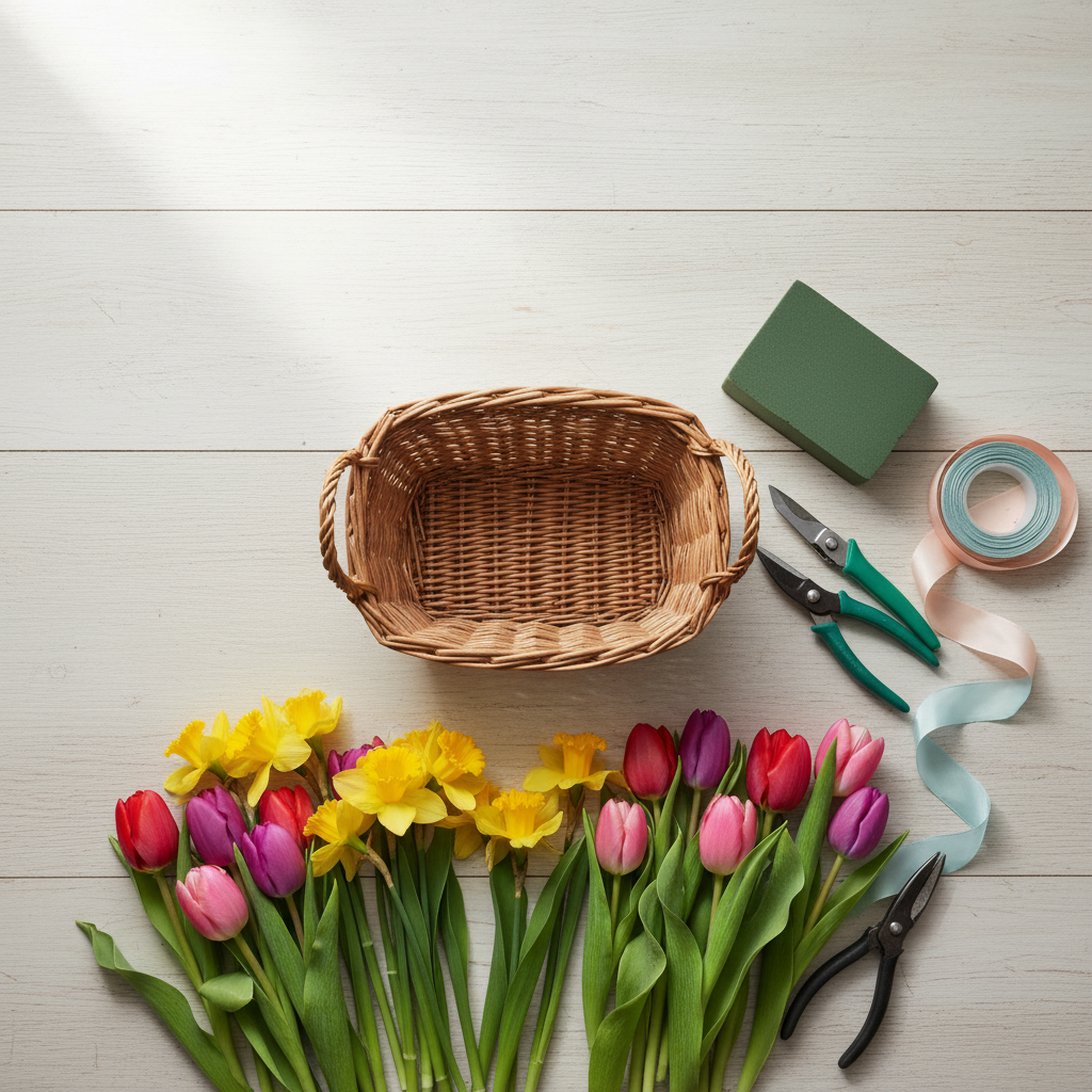 Kompozycja flat lay na jasnym, drewnianym stole. W centrum znajduje się pusty wiklinowy koszyczek, a wokół niego estetycznie ułożone są: bukiet świeżych, kolorowych tulipanów i żonkili, zielony blok gąbki florystycznej, ostry nożyk, sekator oraz rolka pastelowej, satynowej wstążki. Całość jest skąpana w miękkim, naturalnym świetle, tworząc inspirujący obraz przygotowań do pracy twórczej.