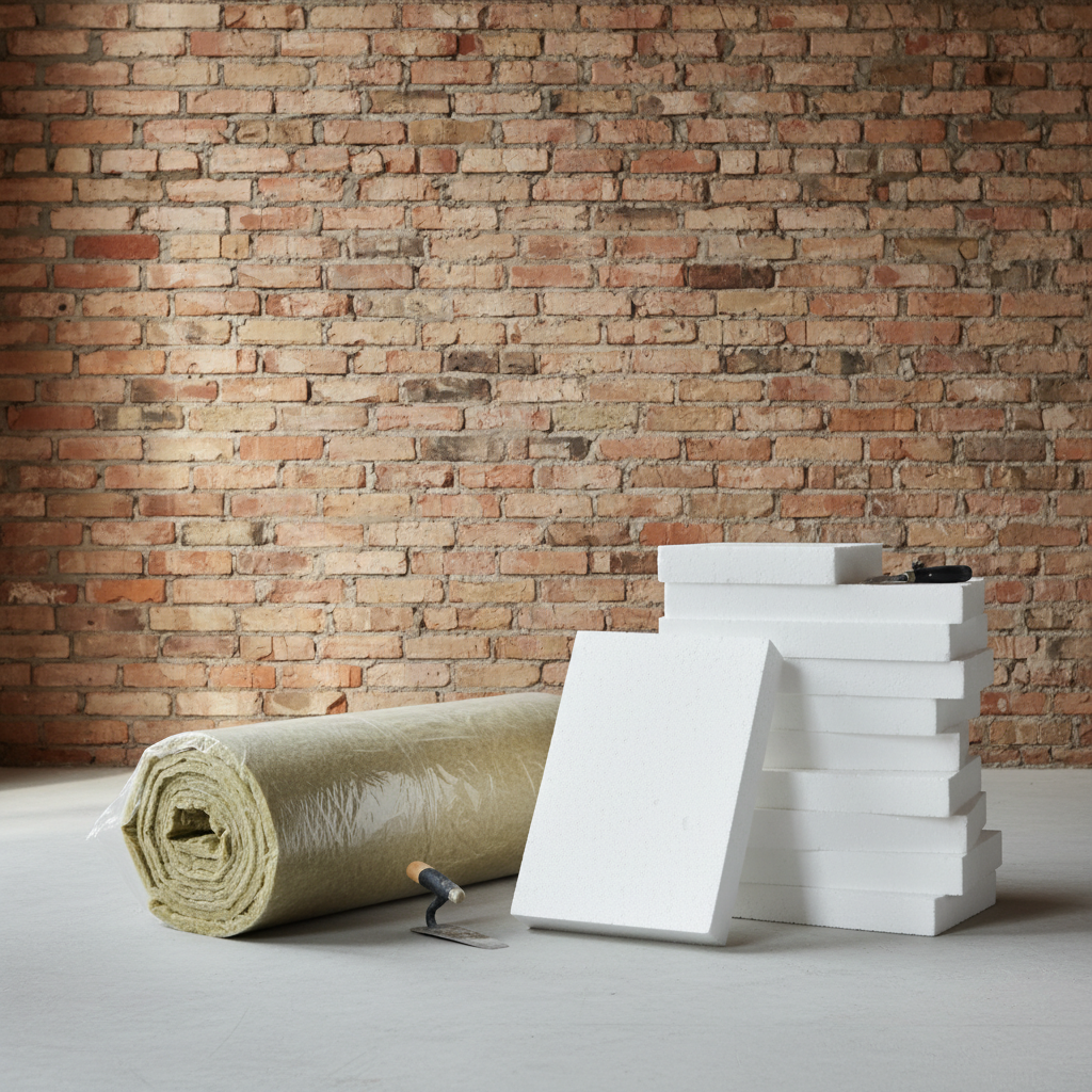 Estetyczne ujęcie przedstawiające materiały gotowe do użycia w remontowanym pomieszczeniu. Na pierwszym planie widać zgrabnie ułożone płyty styropianowe oraz rolkę wełny mineralnej. W tle widoczna jest ściana z surowej cegły, przygotowana do prac. Kompozycja jest czysta i uporządkowana.