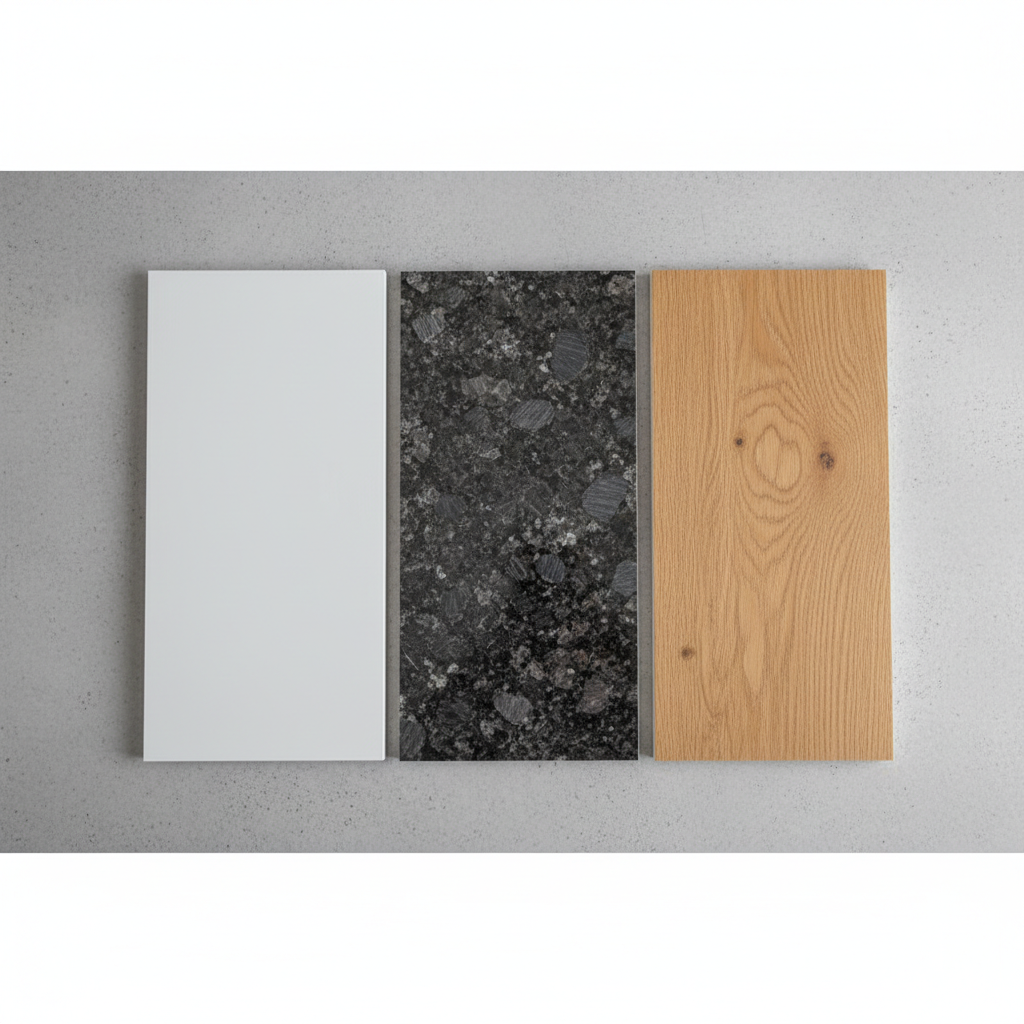 Stylowa kompozycja próbek różnych materiałów na nakładki parapetowe - kawałek białego PCV, elegancki laminat HPL imitujący ciemny kamień oraz ciepły w dotyku fornir MDF o wzorze dębu - ułożone na neutralnym, szarym tle.