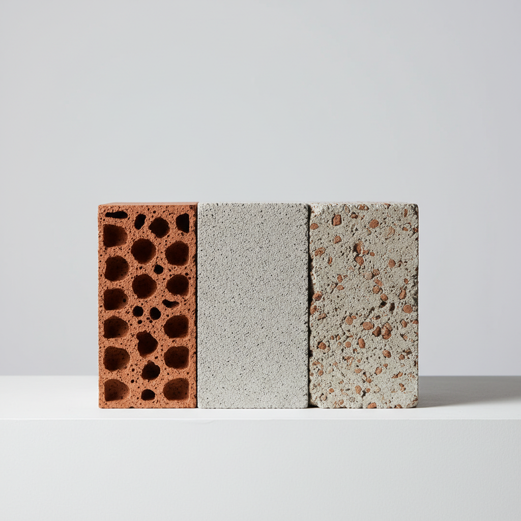 Estetyczna kompozycja studyjna przedstawiająca różne rodzaje pustaków stropowych ułożonych obok siebie. Widoczny jest czerwony pustak ceramiczny poryzowany, szary pustak z betonu komórkowego i pustak z keramzytobetonu. Czyste, minimalistyczne tło, które podkreśla fakturę i kolor materiałów.