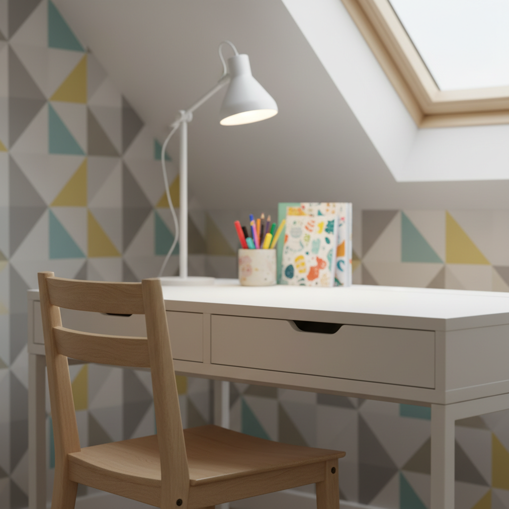 Zbliżenie na fragment pokoju na poddaszu, ukazujące harmonijne połączenie białego, prostego biurka z naturalnym drewnianym krzesłem. Na biurku stoi nowoczesna lampka i kilka kolorowych przyborów szkolnych. W tle widać fragment ściany z geometryczną tapetą, co podkreśla eklektyczny charakter aranżacji.