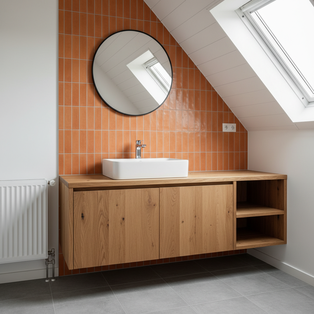 Fragment łazienki na poddaszu z elegancką, drewnianą szafką pod umywalkę, wykonaną na wymiar, idealnie wpasowaną pod skos. Ściana za umywalką wyłożona jest ciepłą, pomarańczową terakotą. Minimalistyczne lustro i nowoczesna armatura dopełniają całości, tworząc spójny i funkcjonalny design.