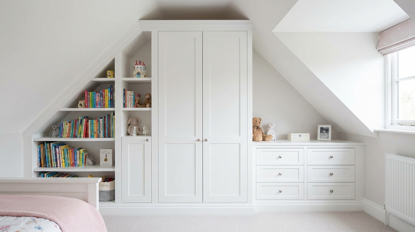 Eleganckie, białe meble na wymiar wbudowane pod skosem dachu w pokoju dziecka. Widać idealnie dopasowaną szafę, otwarte półki na książki oraz niską komodę. Całość tworzy spójną i funkcjonalną zabudowę, która maksymalnie wykorzystuje trudną przestrzeń. Wnętrze jest jasne i uporządkowane.