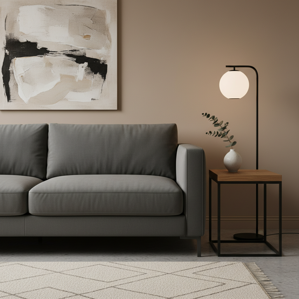 Zbliżenie na fragment salonu, gdzie stoi elegancka sofa o prostej formie, obita gładką, szarą tkaniną. Obok niej znajduje się stolik pomocniczy z czarnego metalu z blatem z litego drewna dębowego. Kompozycja podkreśla piękno prostych linii, jakości materiałów i ponadczasowego wzornictwa.