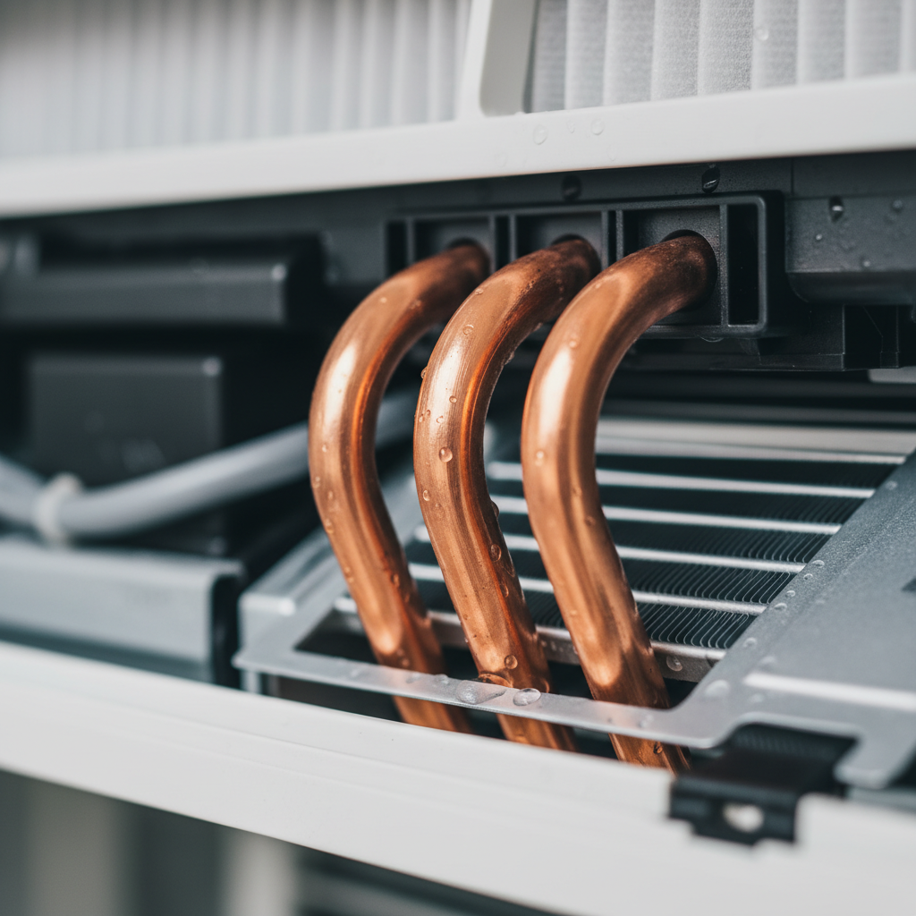 Zbliżenie w trybie makro na lśniące, precyzyjnie wygięte rurki miedziane wewnątrz otwartej jednostki klimatyzacyjnej. Miedź ma ciepły, metaliczny połysk, co kontrastuje z chłodnymi, technicznymi elementami urządzenia. Obraz symbolizuje czystość, technologię i zdrowie.