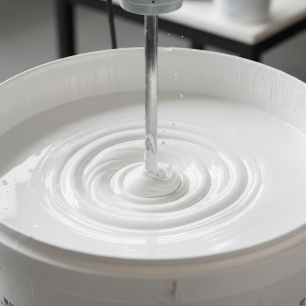 Zbliżenie na mieszadło elektryczne zanurzone w białej farbie w wiadrze. Widać dynamiczny, wirujący ruch farby, tworzący gładką, jednolitą konsystencję. Oświetlenie jest studyjne, podkreślające czystość i precyzję procesu.