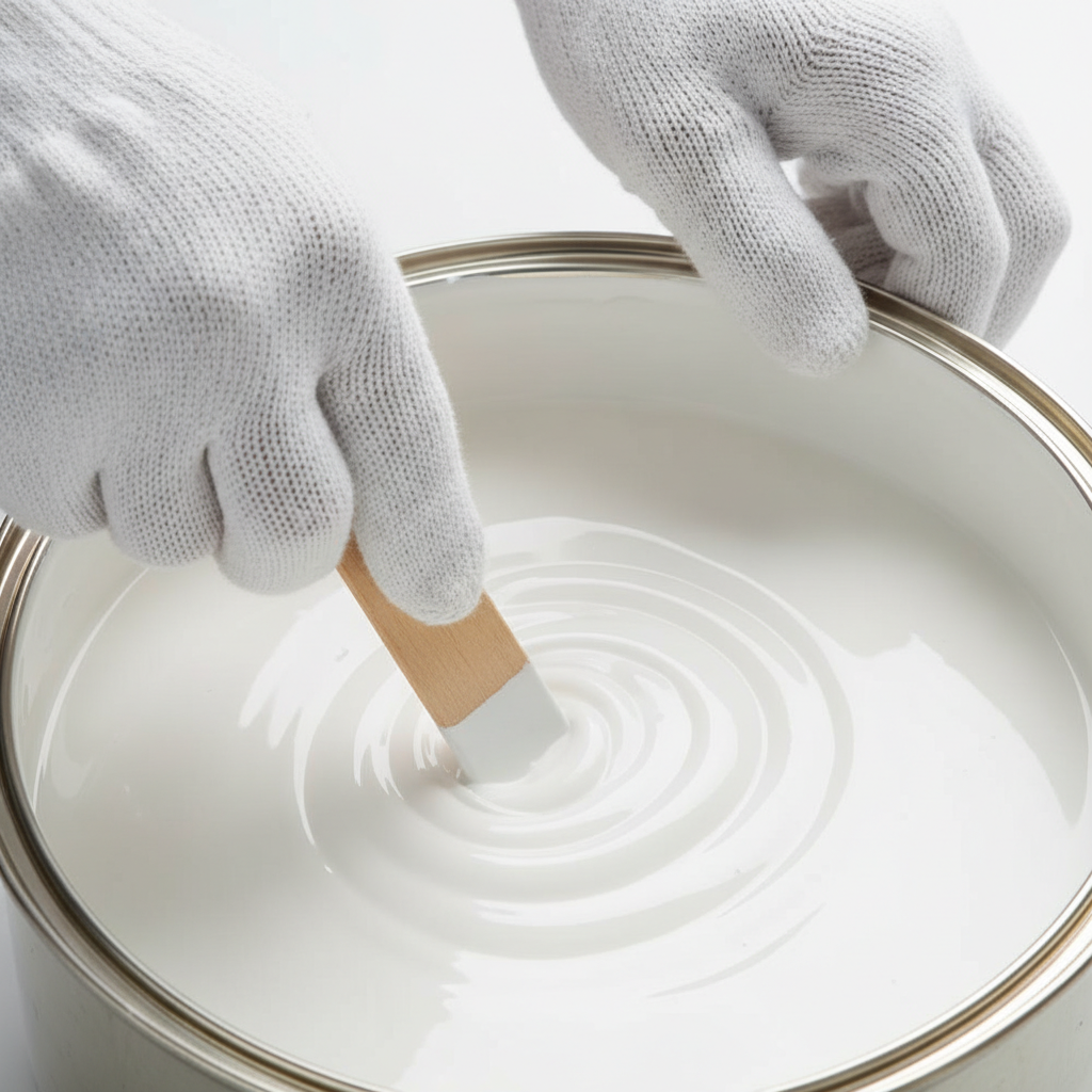 Zbliżenie na dłonie w czystych rękawiczkach roboczych, które powoli i starannie mieszają biały lakier w metalowej puszce za pomocą drewnianej, płaskiej listewki. Widać gładką, wirującą powierzchnię lakieru, bez pęcherzyków powietrza. Scena jest dobrze oświetlona, podkreślając precyzję i dbałość o detale.