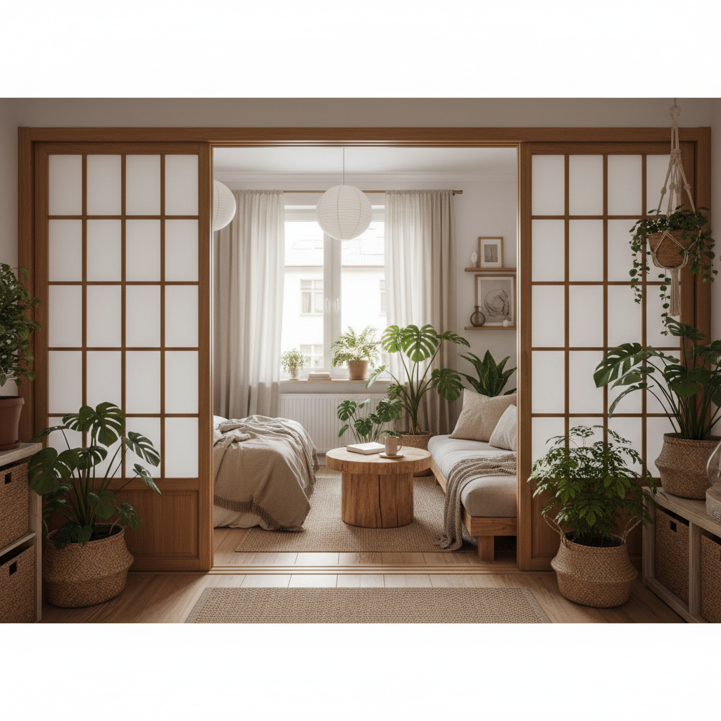 Przytulne, małe mieszkanie typu studio, gdzie drewniane drzwi przesuwne w stylu japońskim (shoji) z matowym przeszkleniem subtelnie oddzielają część sypialnianą od salonu. Wnętrze jest ciepłe, z dużą ilością roślin i naturalnych materiałów, a drzwi dodają mu lekkości i orientalnego charakteru.