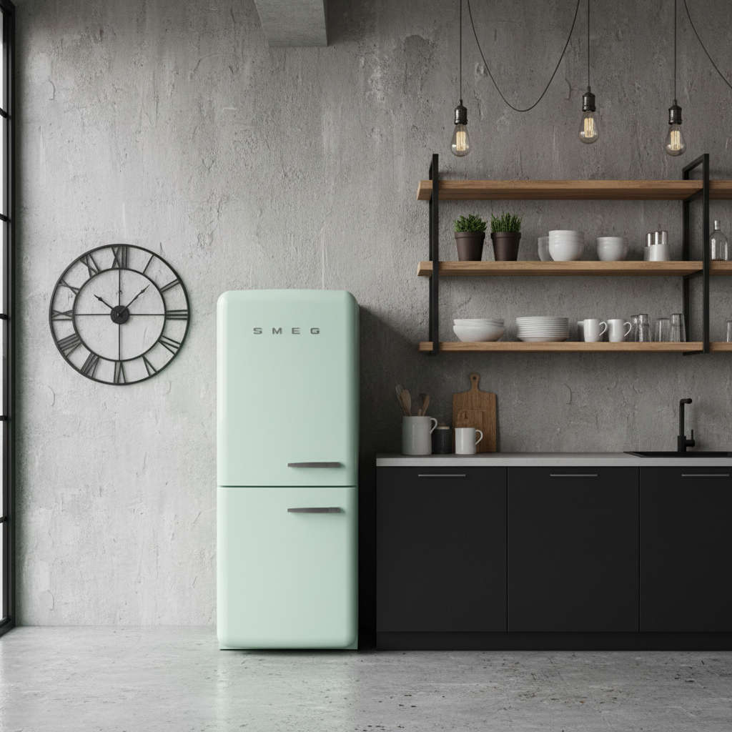 Stylowa kuchnia loftowa, w której głównym akcentem jest wolnostojąca lodówka w stylu retro o pastelowym, miętowym kolorze. Stoi ona na tle surowej, betonowej ściany, a obok niej znajdują się czarne, matowe szafki kuchenne. Kontrast między chłodnym betonem a ciepłym retro designem jest wyraźnie widoczny.