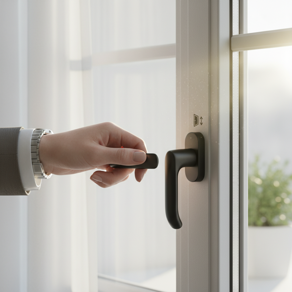 Zbliżenie na dłoń elegancko ubranej osoby, która delikatnie przekręca nowoczesną, ergonomiczną klamkę okienną do pozycji mikrowentylacji. Z zewnątrz do pomieszczenia wpada snop świeżego, porannego światła, symbolizując napływ czystego powietrza. Kadr jest czysty, minimalistyczny i skupiony na funkcjonalności okna.