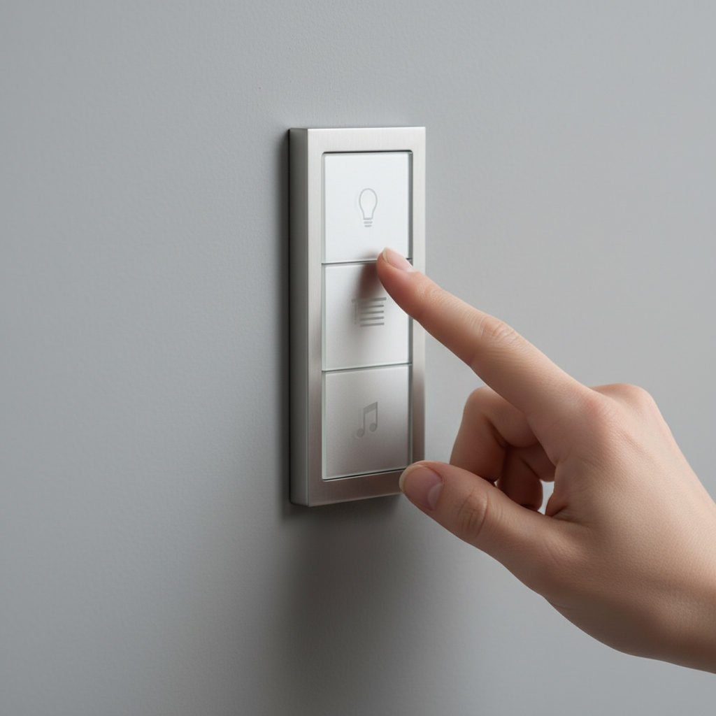 Zbliżenie na dłoń delikatnie dotykającą nowoczesnego, minimalistycznego włącznika światła na gładkiej, szarej ścianie. Włącznik ma kilka subtelnych ikon symbolizujących światło, rolety i muzykę, co wizualnie podkreśla integrację wielu funkcji w jednym eleganckim urządzeniu.