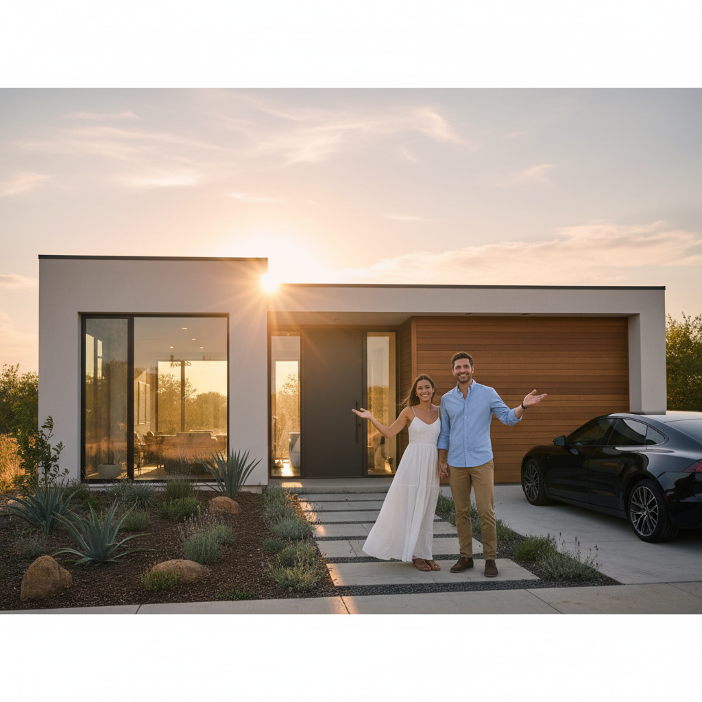 Młoda, szczęśliwa para stojąca przed nowo wybudowanym, nowoczesnym domem jednorodzinnym o minimalistycznej architekturze, w ciepłym świetle zachodzącego słońca. Dom ma duże przeszklenia i jasną elewację.