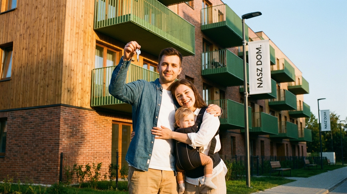 Młoda, szczęśliwa para z małym dzieckiem stoi na tle nowoczesnego, ale przytulnego bloku mieszkalnego. Mężczyzna trzyma w dłoni klucze do mieszkania, a kobieta z uśmiechem go obejmuje. Ciepłe, popołudniowe słońce tworzy optymistyczną i pełną nadziei atmosferę, symbolizując spełnienie marzeń o własnym domu.