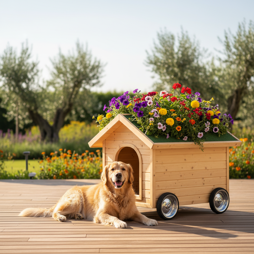 Złoty retriever radośnie leży obok stylowej, nowoczesnej mobilnej budy dla psa wykonanej z jasnego drewna. Buda stoi na tarasie, a jej zielony dach kwitnie kolorowymi kwiatami. Scena jest słoneczna i pełna ciepła, podkreślając komfort i luksus dla zwierzaka.
