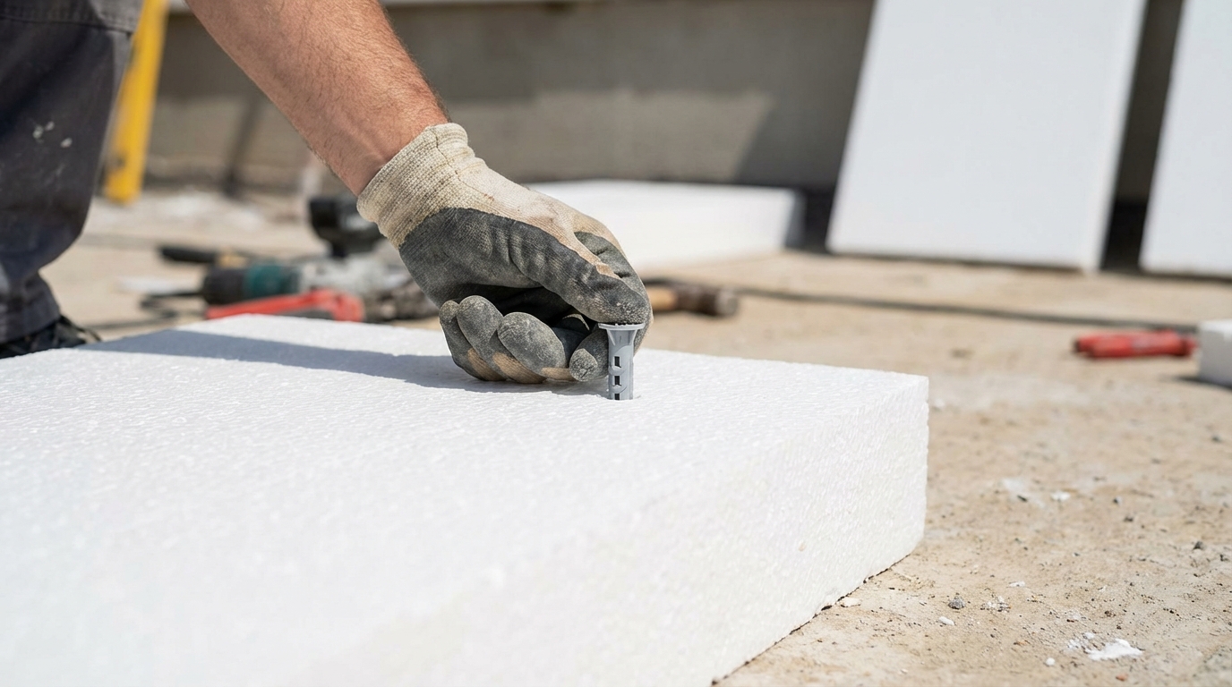 Dłoń pracownika montuje plastikowy kołek w białej płycie styropianowej.