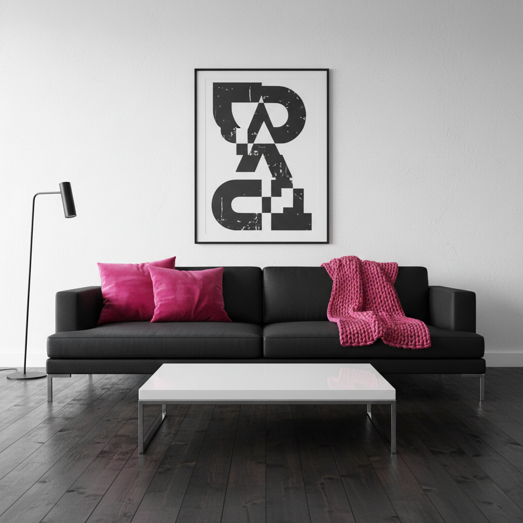 Nowoczesny, czarno-biały salon o minimalistycznym charakterze. Ściany są białe, podłoga z ciemnego drewna. Na środku stoi prosta, czarna sofa i biały stolik kawowy. Całą aranżację ożywiają mocne, różowe akcenty: kilka aksamitnych poduszek na sofie w kolorze fuksji oraz gruby, wełniany pled w tym samym odcieniu, niedbale rzucony na oparcie. Na ścianie wisi duża, czarno-biała grafika.