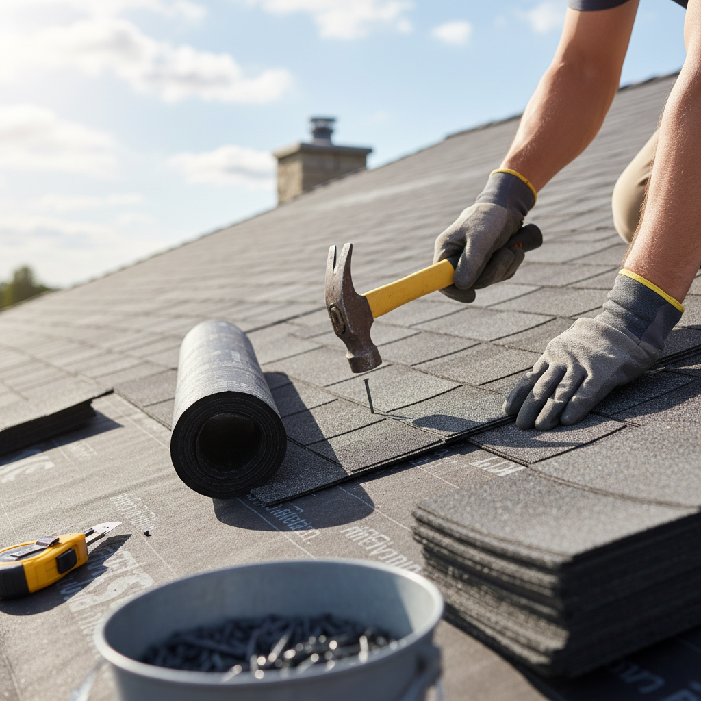 Zbliżenie na ręce dekarza w rękawicach, który przybija gwoździami papowymi ciemnoszary gont bitumiczny na dachu. W tle widać rolkę papy podkładowej i inne narzędzia, co sugeruje profesjonalny montaż.