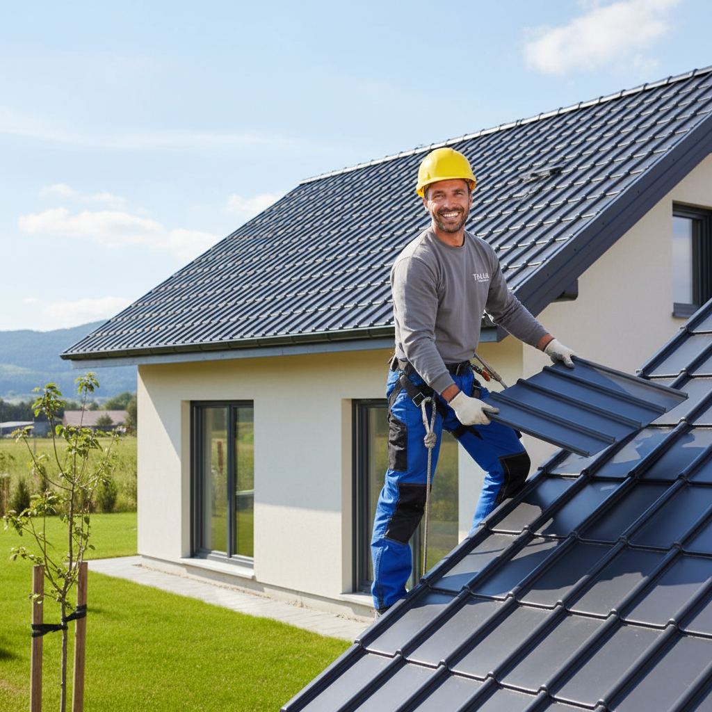 Dekarz w profesjonalnym stroju roboczym i kasku, montujący arkusze blachodachówki TALIA na dachu nowoczesnego domu jednorodzinnego. Słoneczny dzień, dekarz uśmiecha się, co sugeruje łatwość i satysfakcję z pracy. W tle widać fragmenty nowo położonego dachu, który pięknie komponuje się z jasną elewacją budynku.
