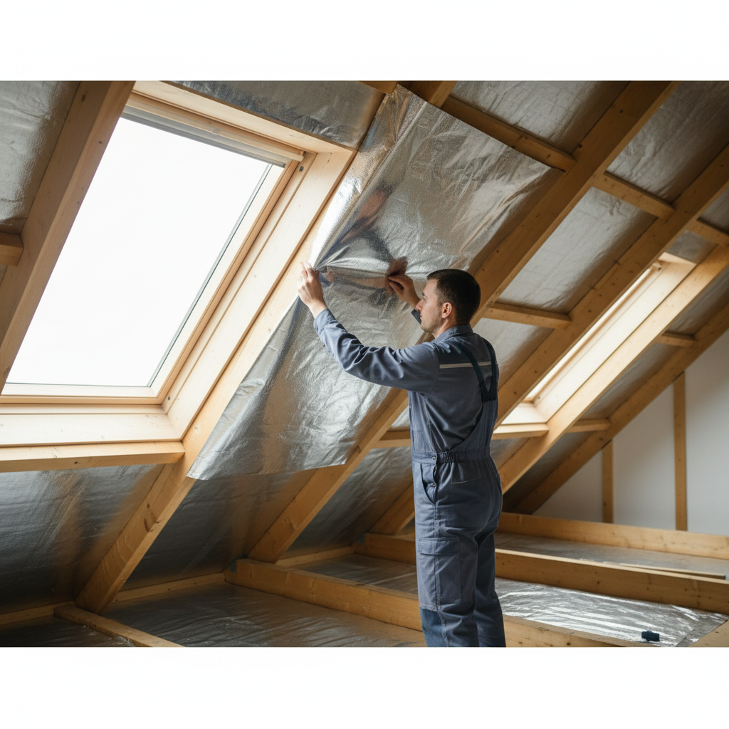 Zdjęcie przedstawiające fachowca w czystym ubraniu roboczym, który z łatwością montuje srebrzystą folię termoizolacyjną na drewnianych krokwiach poddasza. Wnętrze jest jasne i przestronne. Ujęcie skupia się na precyzji i prostocie pracy, podkreślając nowoczesny charakter materiału.