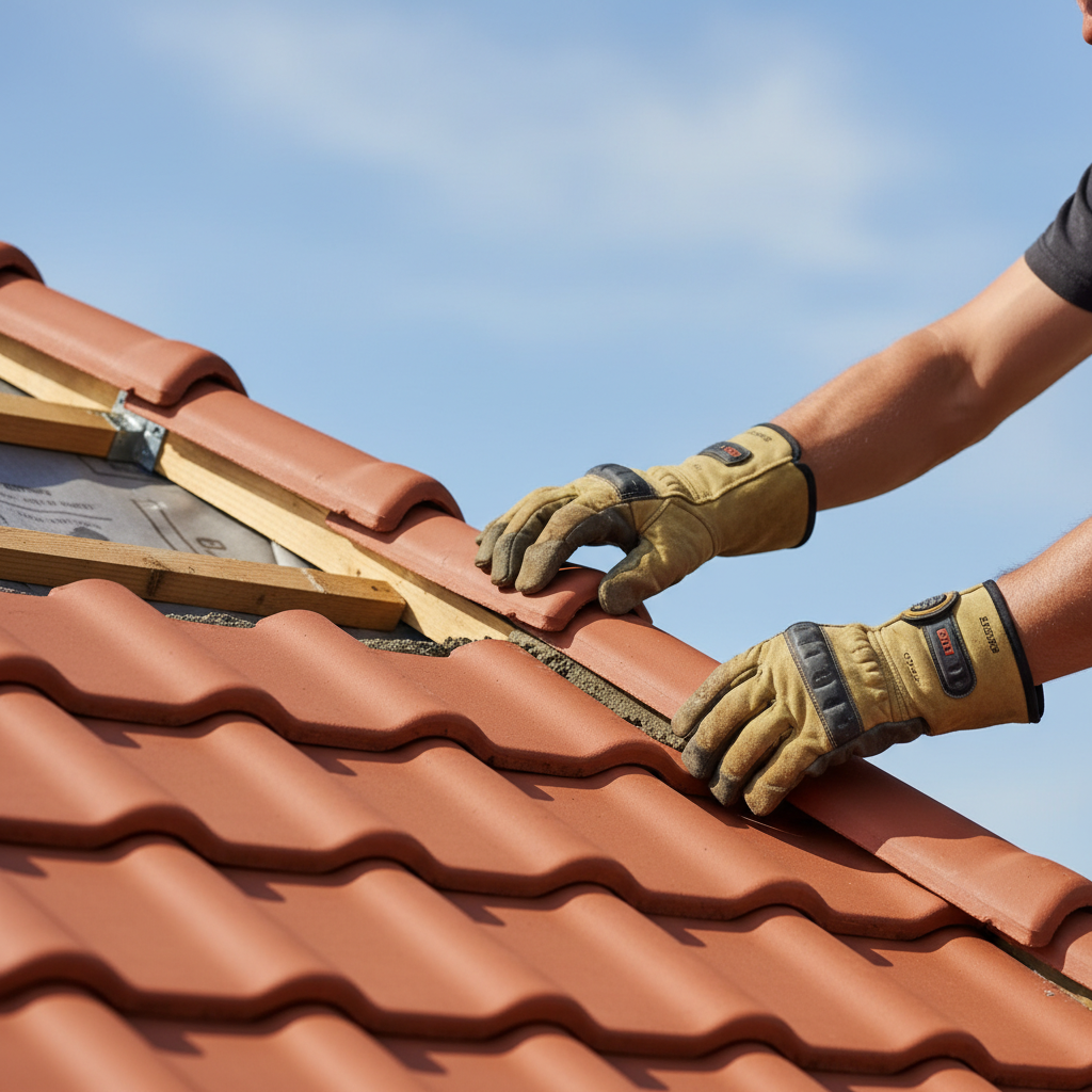 Zbliżenie na ręce dekarza w rękawicach roboczych, który precyzyjnie montuje ceramiczne gąsiory na kalenicy dachu nowo budowanego domu. W tle widać fragment błękitnego nieba i inne elementy konstrukcji dachu, co podkreśla fachowość i dbałość o detale.