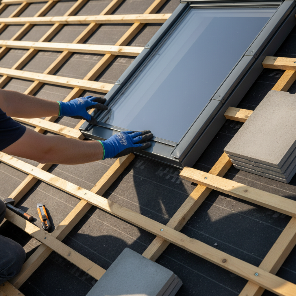 Ręce dekarza w rękawicach roboczych, który starannie dopasowuje i montuje zewnętrzny kołnierz uszczelniający wokół okna dachowego. Widoczna jest struktura dachu z łatami i kontrłatami.