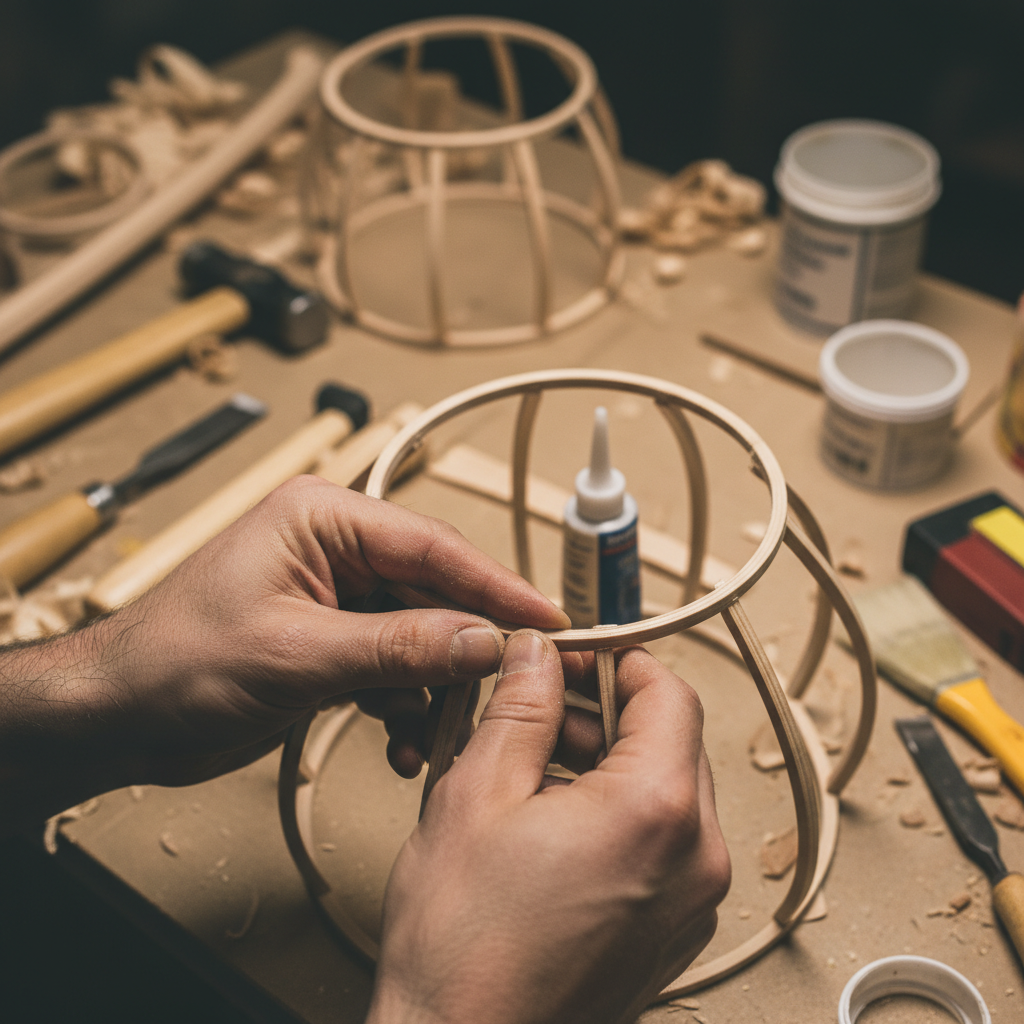 Zbliżenie na dłonie rzemieślnika, który starannie przykleja drewniane listewki do okrągłej podstawy klosza lampy. W tle widać inne elementy lampy i narzędzia. Miękkie, skupione światło.