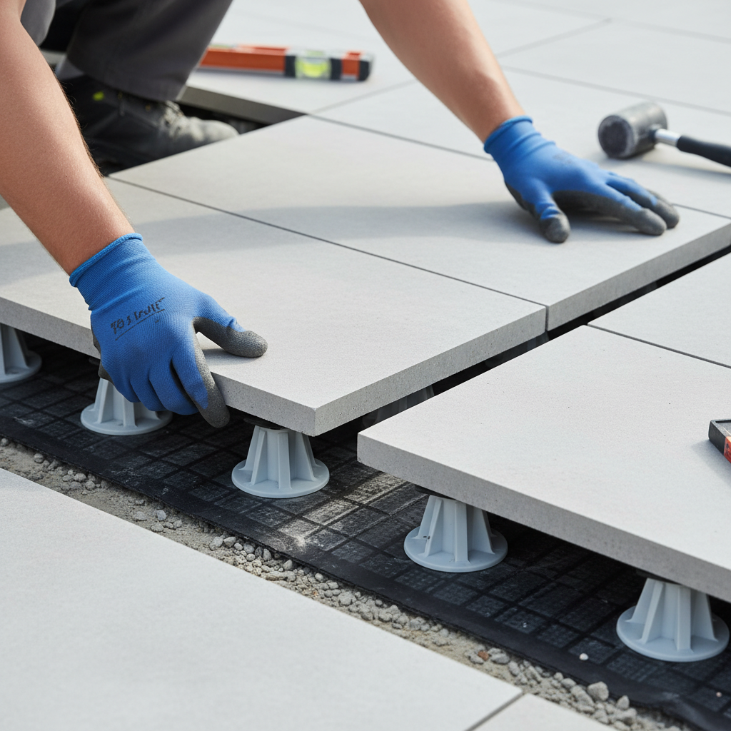 Zbliżenie na proces układania płyt tarasowych z betonu szlachetnego metodą 