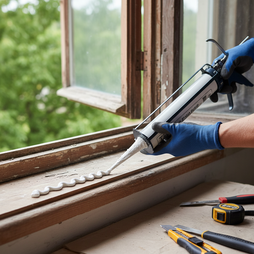 Zbliżenie na dłonie mężczyzny w roboczych rękawiczkach, który precyzyjnie aplikuje falistą ścieżkę kleju montażowego z pistoletu na czystą, przygotowaną powierzchnię starego parapetu. W tle widać otwarte okno i narzędzia.