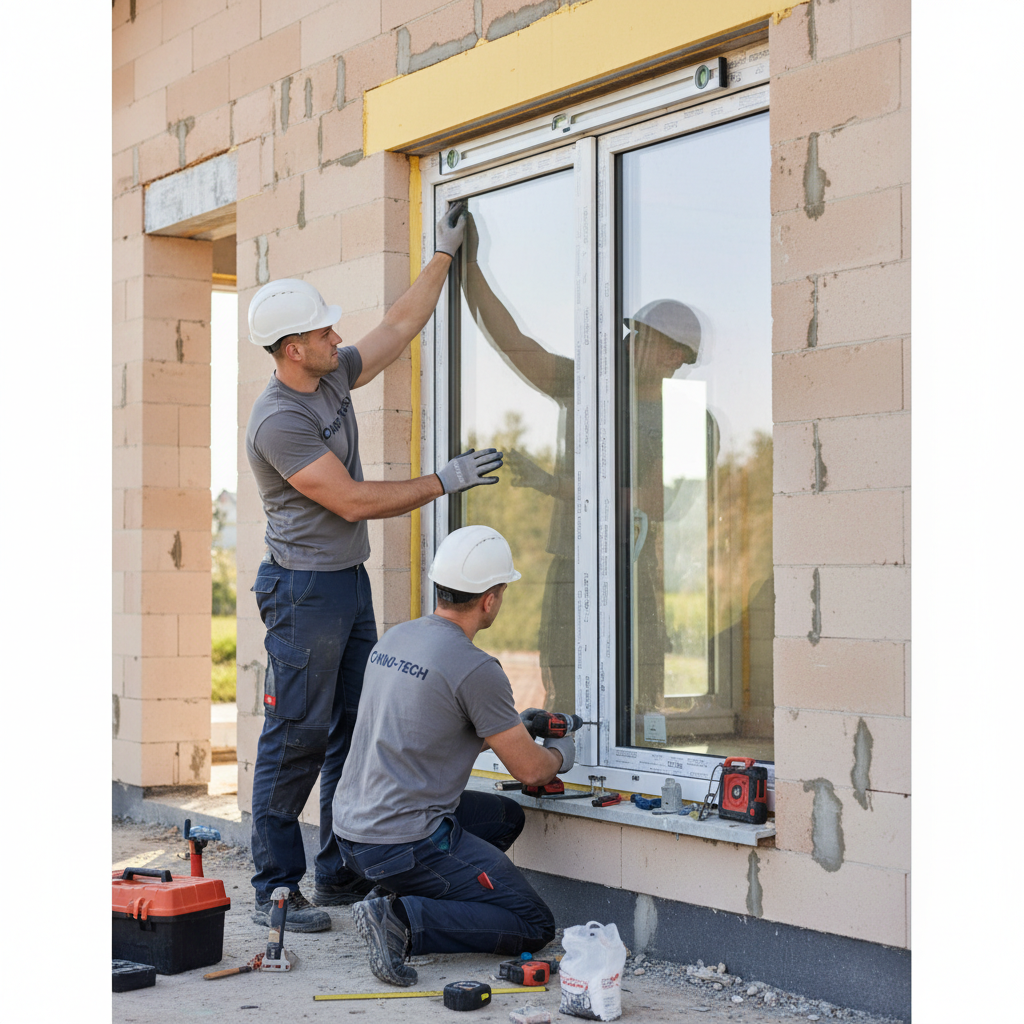 Dwóch profesjonalnych montażystów w firmowych strojach, precyzyjnie osadzających duże okno w otworze ściennym nowo budowanego domu. Jeden z nich używa poziomicy, drugi dokręca śruby. Scena emanuje profesjonalizmem, dokładnością i pracą zespołową.