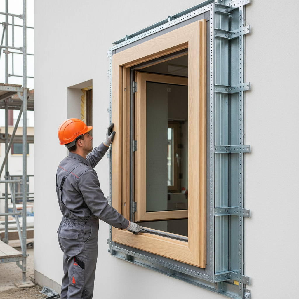 Monter w profesjonalnym stroju roboczym delikatnie osadza dużą, drewnianą ramę okienną w przygotowanej ramie z profili MOWO. Widoczna rozprężająca się szara taśma uszczelniająca w szczelinie między ramami.