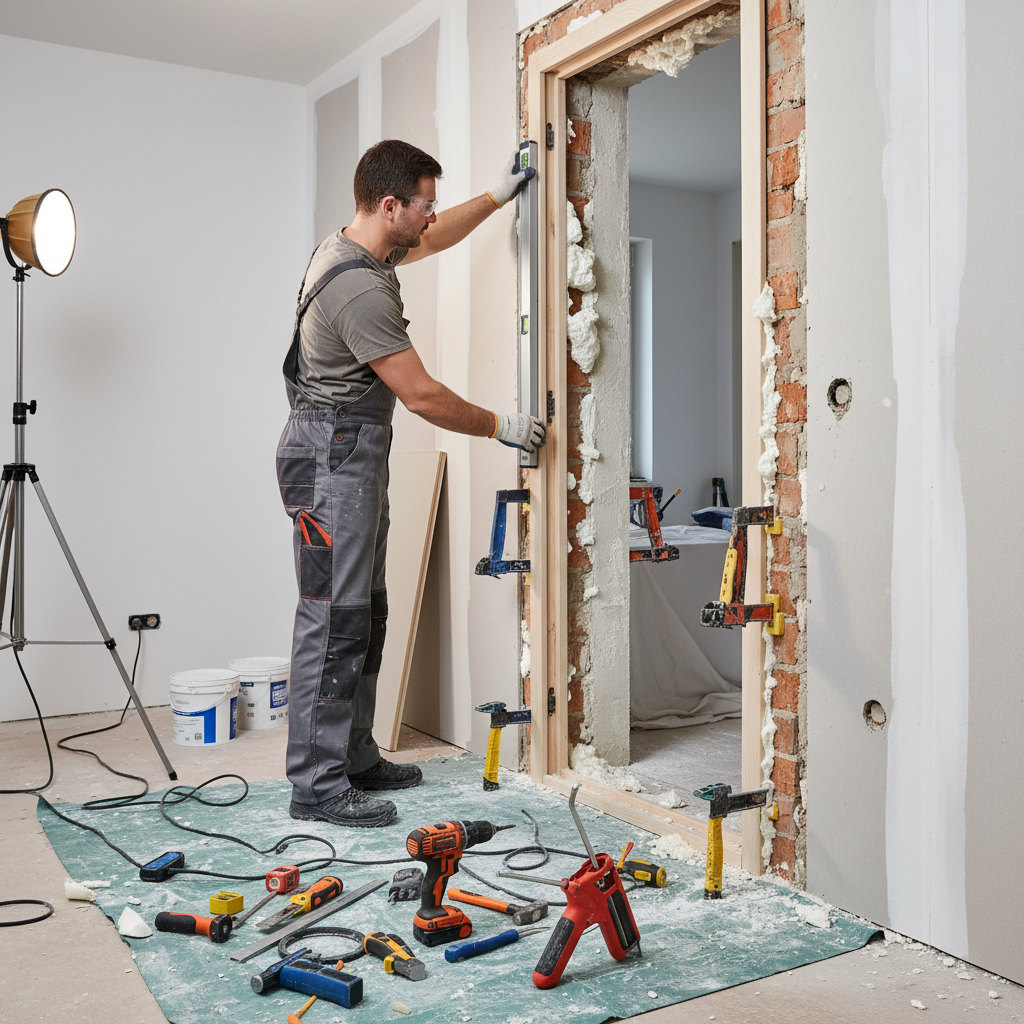 Zdjęcie przedstawiające fachowca w trakcie montażu ościeżnicy regulowanej. Widoczne są elementy konstrukcyjne, pianka montażowa i narzędzia, co ilustruje proces instalacji.