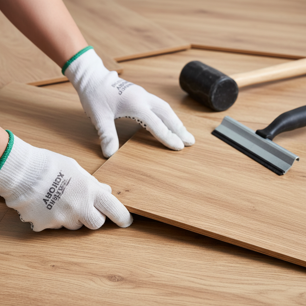 Zdjęcie przedstawiające dłonie montera w czystych rękawicach, który precyzyjnie łączy dwa panele laminowane za pomocą systemu zatrzaskowego. W tle widać ułożony już fragment podłogi oraz profesjonalne narzędzia, takie jak gumowy młotek i dobijak. Kadr jest estetyczny i skupia się na precyzji wykonania.