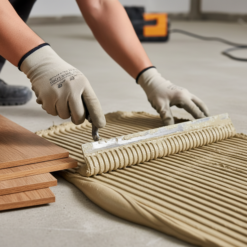 Zbliżenie na dłonie profesjonalnego parkieciarza w czystych rękawicach roboczych. Mężczyzna równomiernie rozprowadza klej do parkietu na posadzce za pomocą pacy zębatej. Obok leżą przygotowane do ułożenia deski parkietu wielowarstwowego. Scena jest dobrze oświetlona, profesjonalna i skupiona na precyzji pracy.