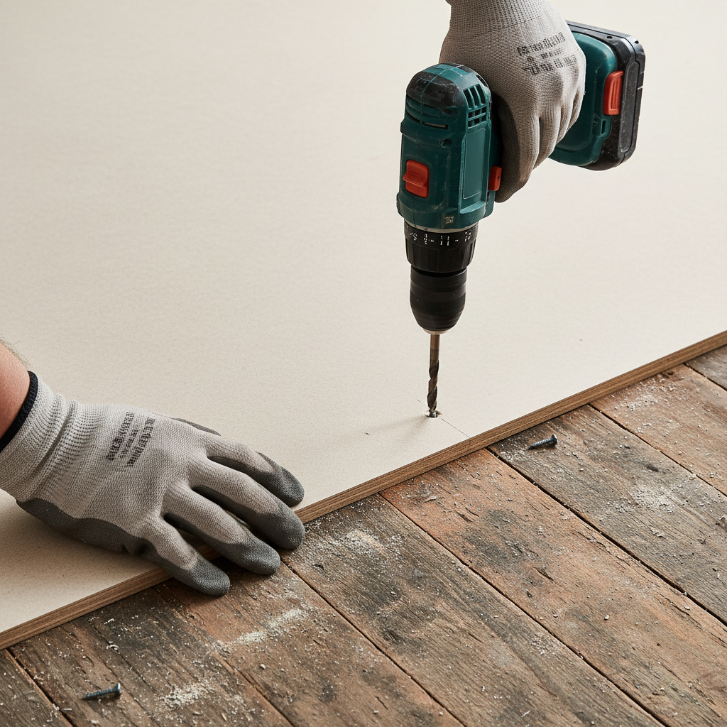 Ujęcie z perspektywy rąk pracownika w rękawicach roboczych, który za pomocą wkrętarki precyzyjnie montuje dużą płytę MFP do starej, drewnianej podłogi. Widać kontrast między surową, jasną powierzchnią płyty a ciemniejszymi, wiekowymi deskami pod spodem. Scena jest dobrze oświetlona, co podkreśla profesjonalizm i czystość pracy.