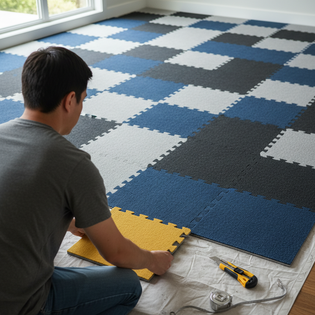 Zdjęcie z perspektywy "zza ramienia" pokazujące osobę układającą ostatnią, kontrastującą kolorystycznie płytkę dywanową na podłodze. W tle widać już ułożoną część podłogi, tworzącą ciekawy, geometryczny wzór. Narzędzia takie jak nóż do tapet i miarka leżą obok, sugerując proces "zrób to sam".