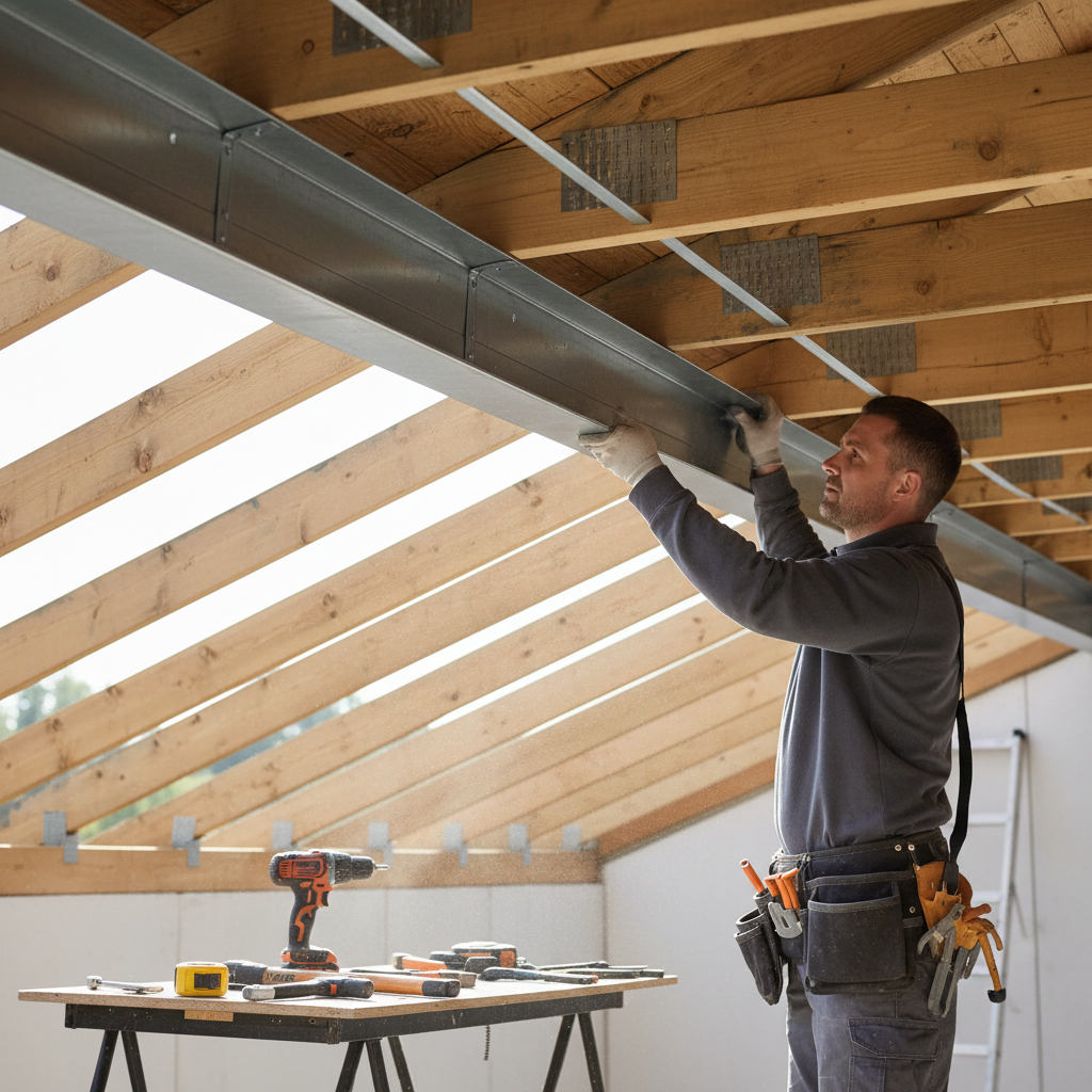 Ujęcie przedstawiające profesjonalnego dekarza w trakcie montażu stalowej podbitki dachowej. Pracownik, ubrany w odzież roboczą i rękawice, precyzyjnie dopasowuje kolejny panel do rusztu. W tle widać fragment konstrukcji dachu i narzędzia. Scena jest dynamiczna, ale uporządkowana, podkreślając fachowość i precyzję pracy.