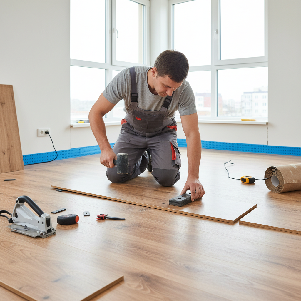 Zdjęcie przedstawiające fachowca montującego panele podłogowe na gotowej wylewce. W tle widoczna jest taśma dylatacyjna przy ścianie, co podkreśla technologię podłogi pływającej. Scena jest dobrze oświetlona i profesjonalna.