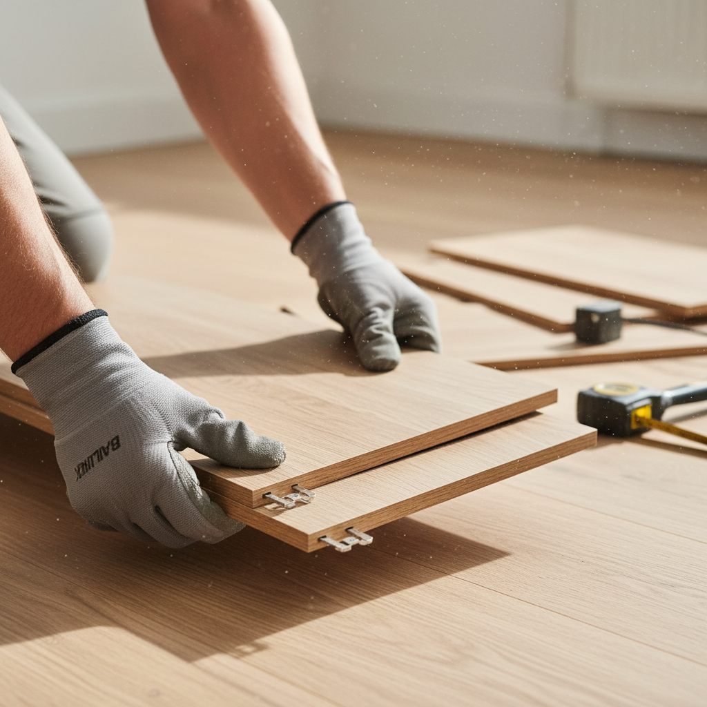 Zbliżenie na dłonie mężczyzny w roboczych rękawicach, który precyzyjnie łączy dwie deski podłogowe barlineckie za pomocą systemu zatrzaskowego. W tle widać fragment nowo układanej podłogi w jasnym pomieszczeniu. Scena jest czysta, profesjonalna i podkreśla łatwość montażu.