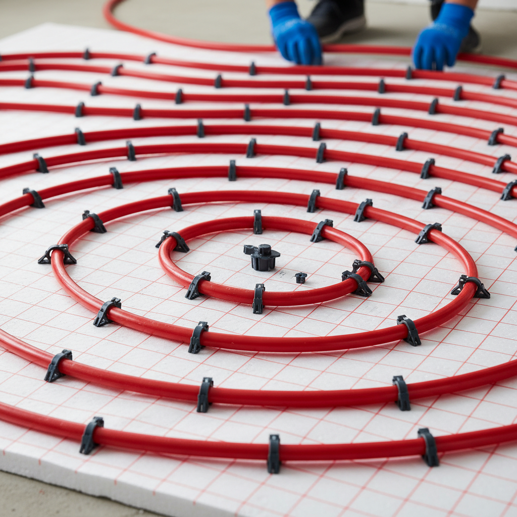 Zbliżenie na proces instalacji wodnego ogrzewania podłogowego. Czerwone rury PEX są precyzyjnie ułożone w spiralny wzór na macie izolacyjnej ze styropianu. Widoczne są klipsy mocujące rury. Obraz jest czysty, techniczny, ale jednocześnie estetyczny, pokazujący jakość i dokładność wykonania prac.