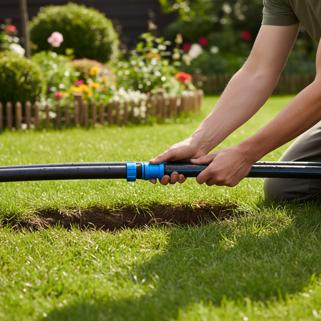 Osoba klęczy na trawie obok starannie wykopanego rowu w ogrodzie. W rękach trzyma dwie czarne rury polietylenowe i łączy je za pomocą niebieskiej złączki. Słońce oświetla scenę, a w tle widać zadbany ogród. Ujęcie skupia się na dłoniach i narzędziach, oddając atmosferę satysfakcjonującej pracy DIY.