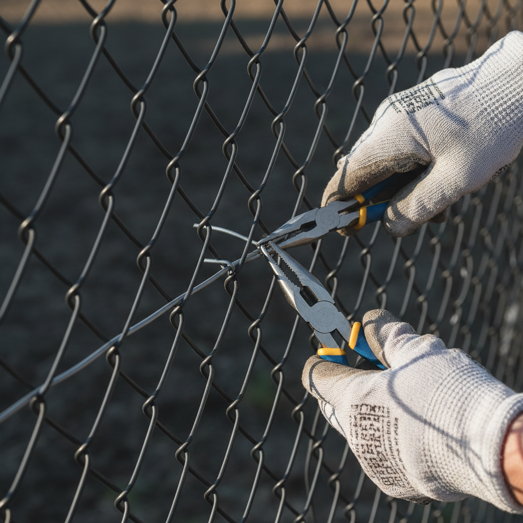 Zbliżenie na dłonie w rękawicach roboczych, które za pomocą obcęgów precyzyjnie mocują drut wiązałkowy, łącząc antracytową siatkę ogrodzeniową z drutem naprężającym. W tle widać idealnie napiętą siatkę, co podkreśla efekt dobrze wykonanej pracy.