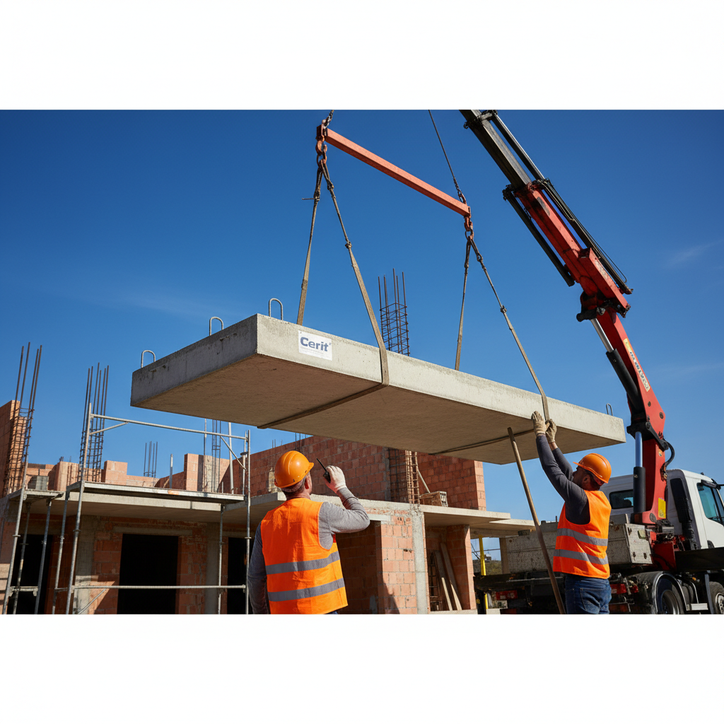 Dwóch budowlańców w kaskach i kamizelkach odblaskowych precyzyjnie naprowadza dużą, prefabrykowaną płytę stropową Cerit, podwieszoną na pasach do ramienia dźwigu HDS. W tle widać mury wznoszonego budynku i błękitne niebo. Ujęcie podkreśla współpracę, precyzję i nowoczesność procesu budowlanego.